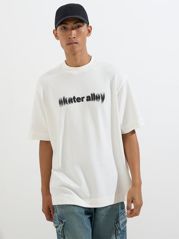 Nuon White Text Printed Relaxed-Fit Cotton T-Shirt