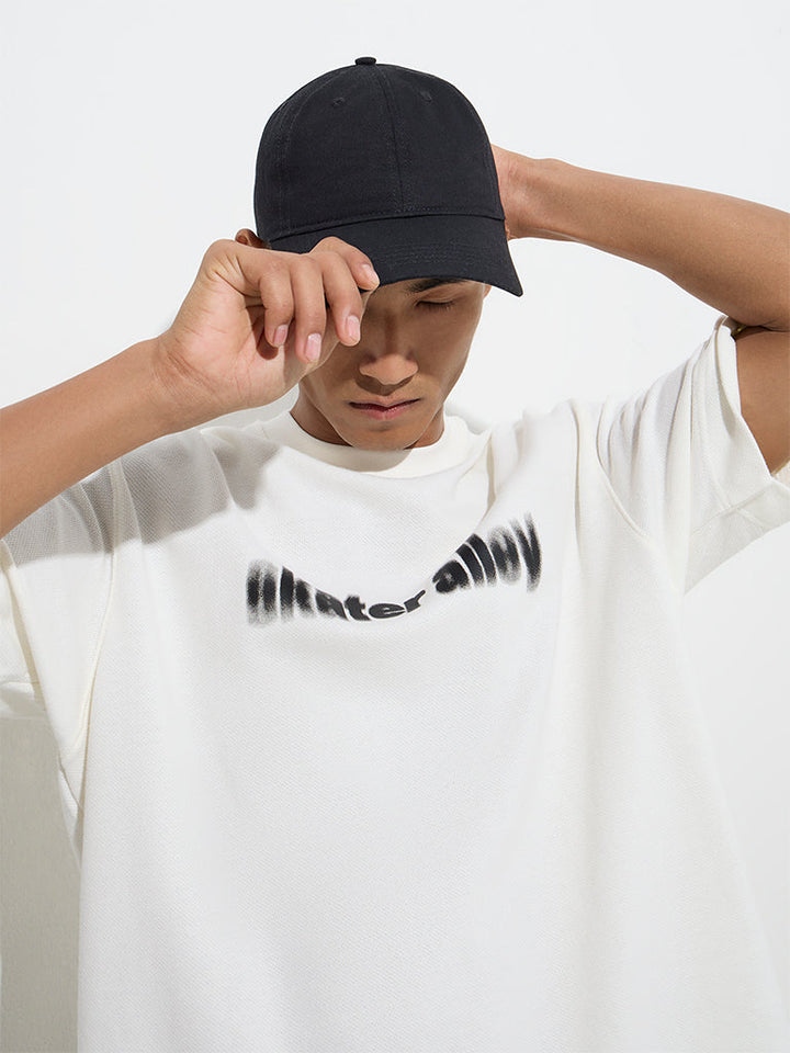 Nuon White Text Printed Relaxed-Fit Cotton T-Shirt