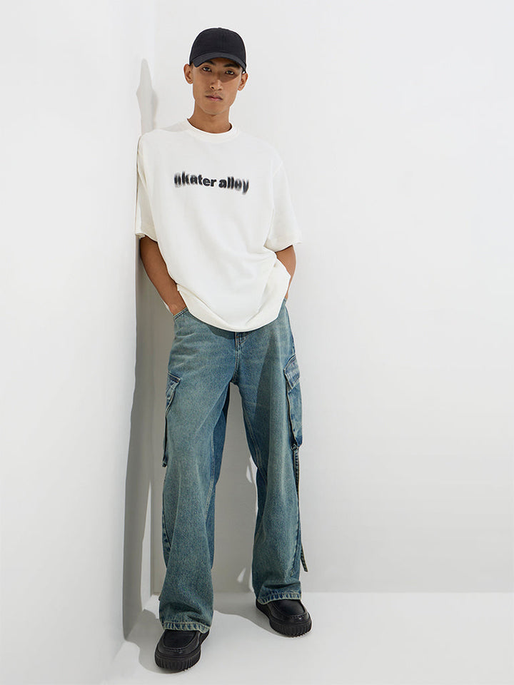 Nuon White Text Printed Relaxed-Fit Cotton T-Shirt