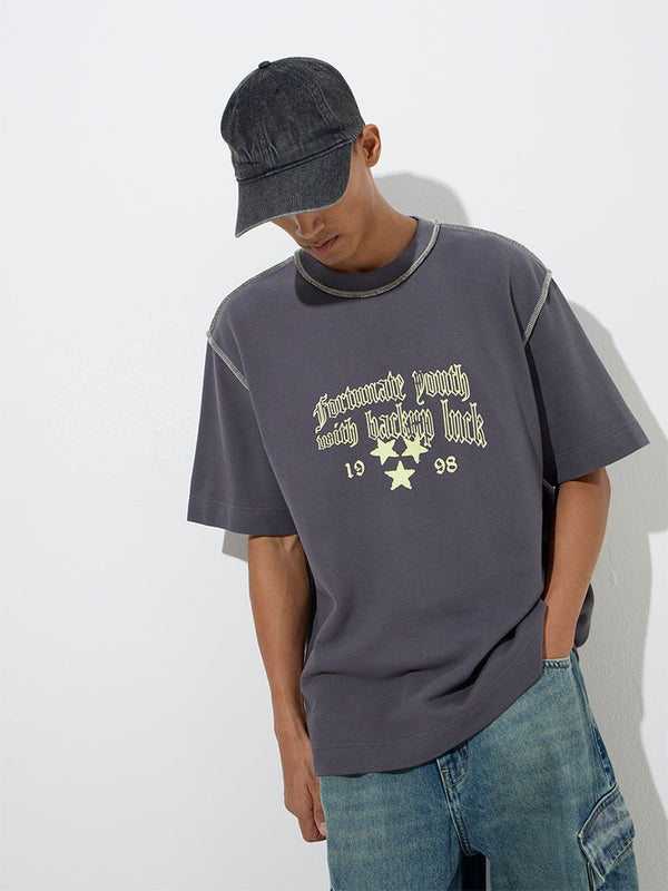 Nuon Dark Grey Typographic Print Relaxed-Fit Cotton T-Shirt