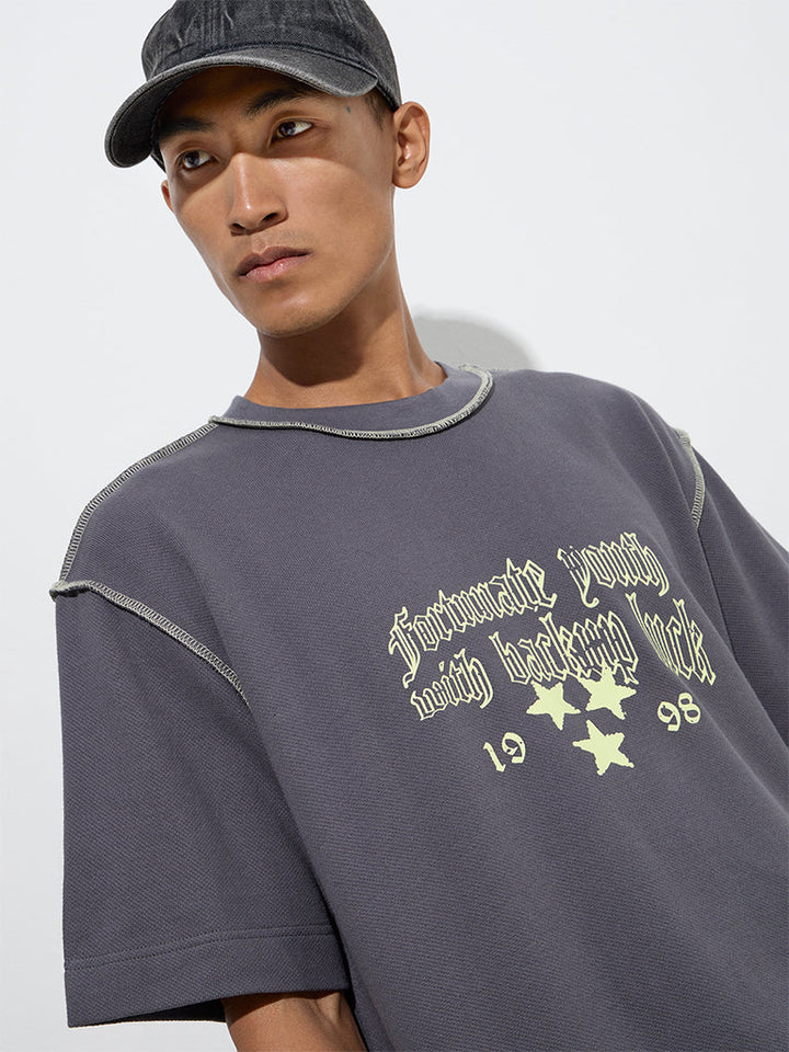 Nuon Dark Grey Typographic Print Relaxed-Fit Cotton T-Shirt