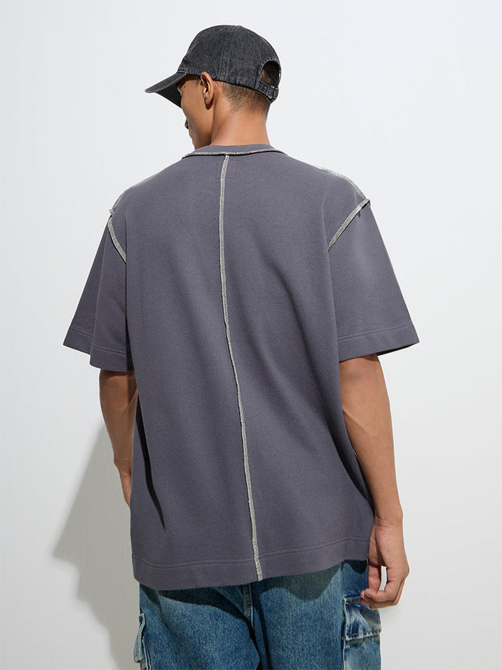 Nuon Dark Grey Typographic Print Relaxed-Fit Cotton T-Shirt