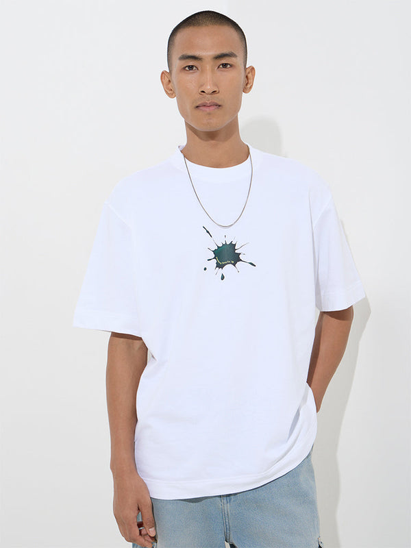 Nuon White Text Printed Relaxed-Fit Cotton T-Shirt