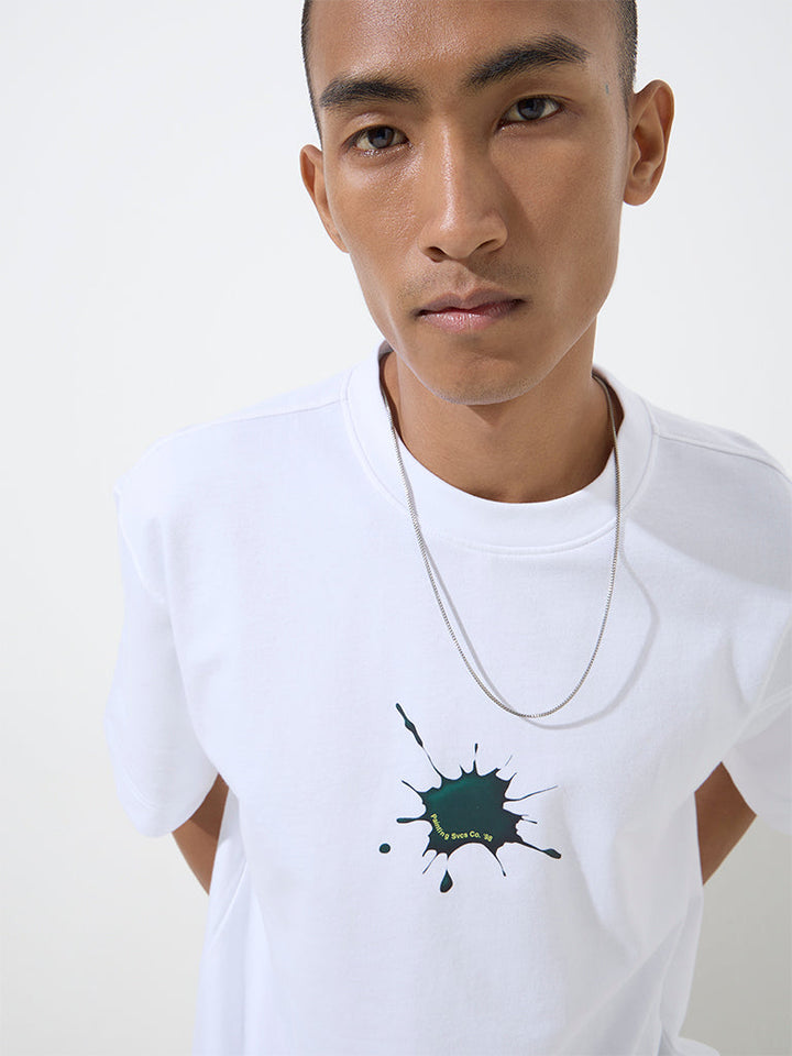 Nuon White Text Printed Relaxed-Fit Cotton T-Shirt