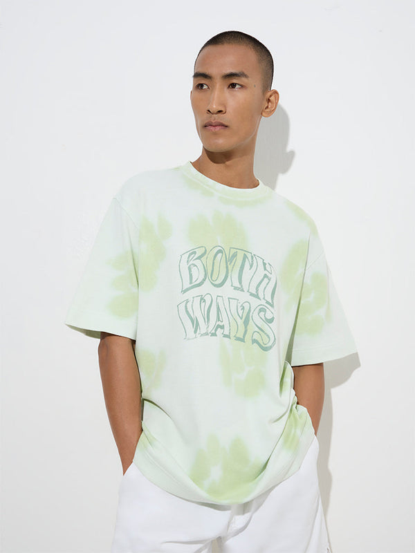 Nuon Light Green Text-Printed Relaxed-Fit Cotton T-Shirt