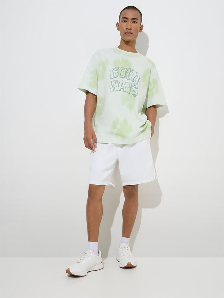 Nuon Light Green Text-Printed Relaxed-Fit Cotton T-Shirt