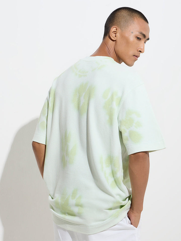 Nuon Light Green Text-Printed Relaxed-Fit Cotton T-Shirt