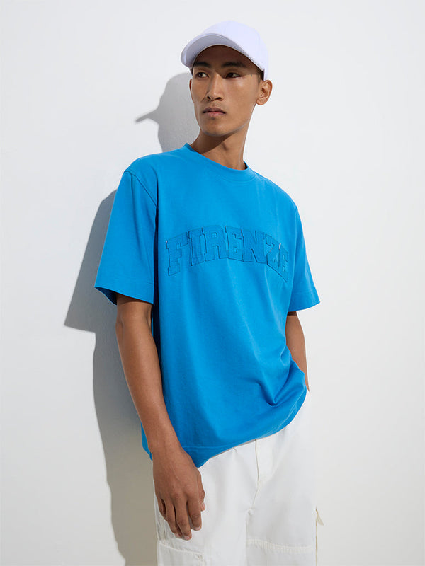 Nuon Blue Text Design Relaxed-Fit Cotton T-Shirt