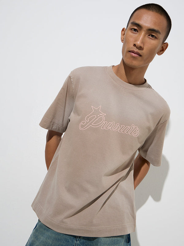 Nuon Taupe Text Design Relaxed-Fit Cotton T-Shirt
