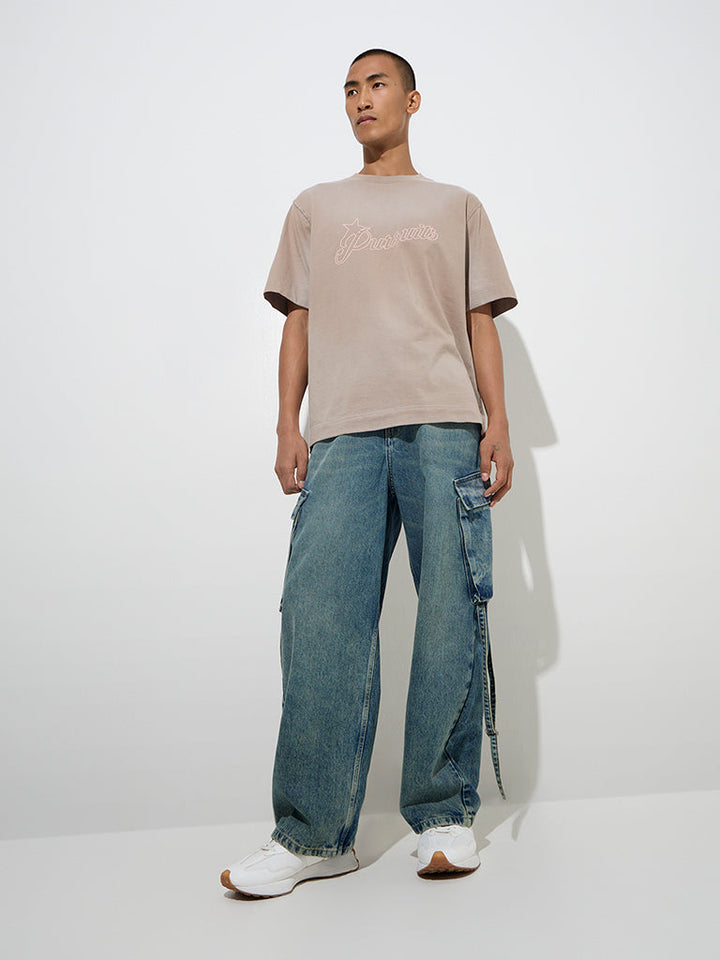 Nuon Taupe Text Design Relaxed-Fit Cotton T-Shirt