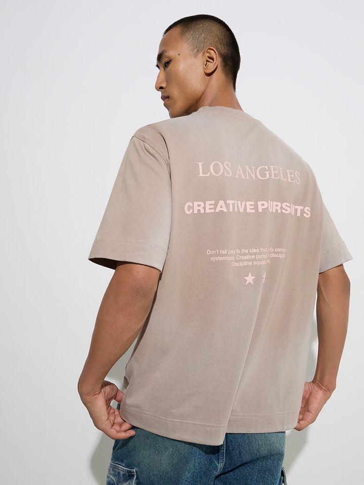 Nuon Taupe Text Design Relaxed-Fit Cotton T-Shirt