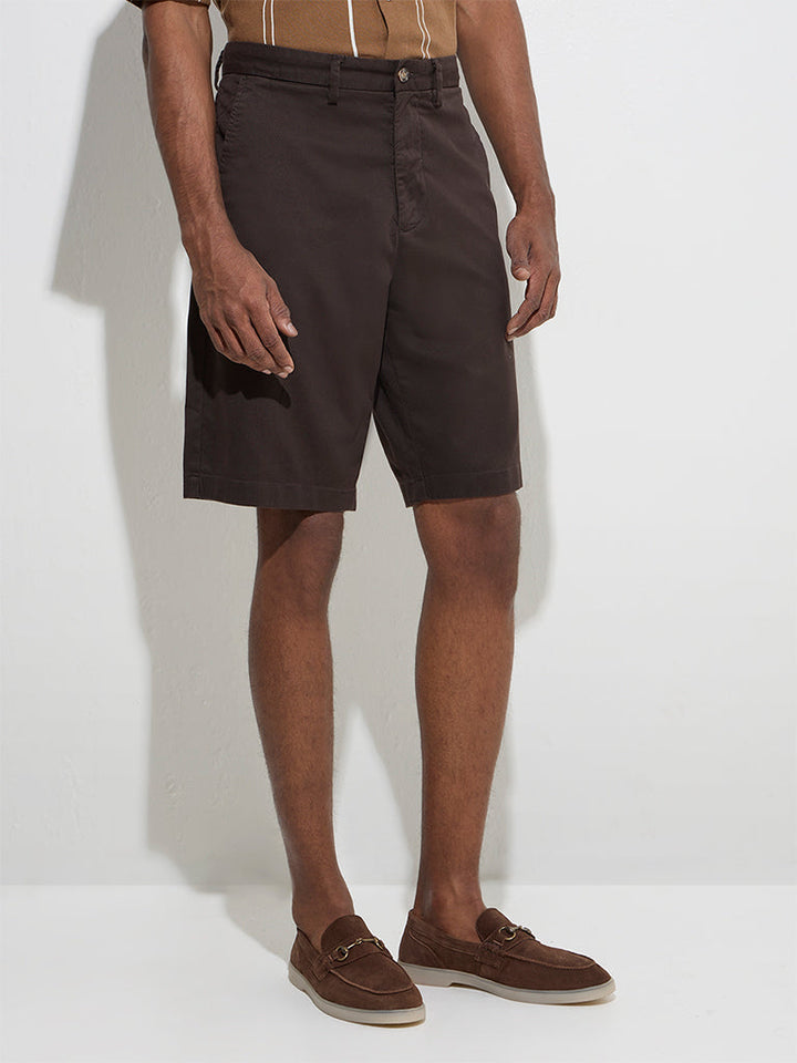 Ascot Dark Brown Relaxed-Fit Mid-Rise Cotton-Blend Shorts