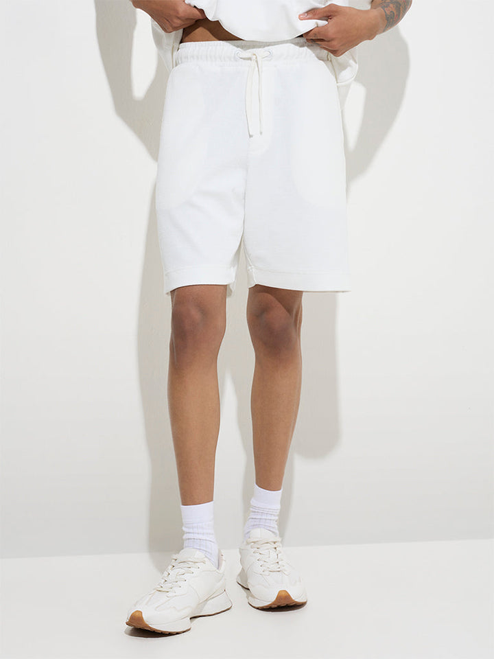 Studiofit White Self-Textured Relaxed-Fit Mid-Rise Shorts