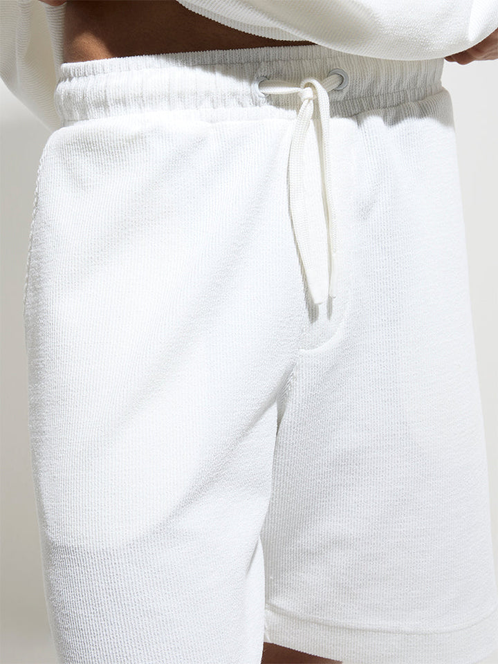 Studiofit White Self-Textured Relaxed-Fit Mid-Rise Shorts