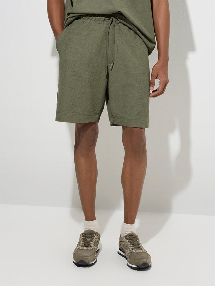 Studiofit Olive Self-Striped Relaxed-Fit Mid-Rise Shorts