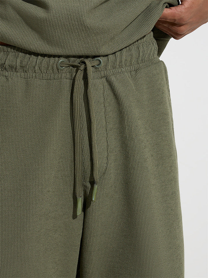Studiofit Olive Self-Striped Relaxed-Fit Mid-Rise Shorts