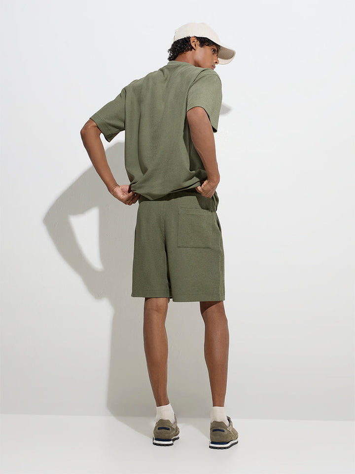 Studiofit Olive Self-Striped Relaxed-Fit Mid-Rise Shorts