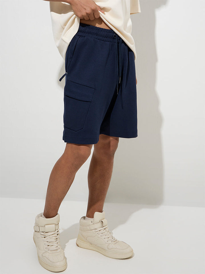 Studiofit Navy Relaxed-Fit Mid-Rise Cotton-Blend Shorts
