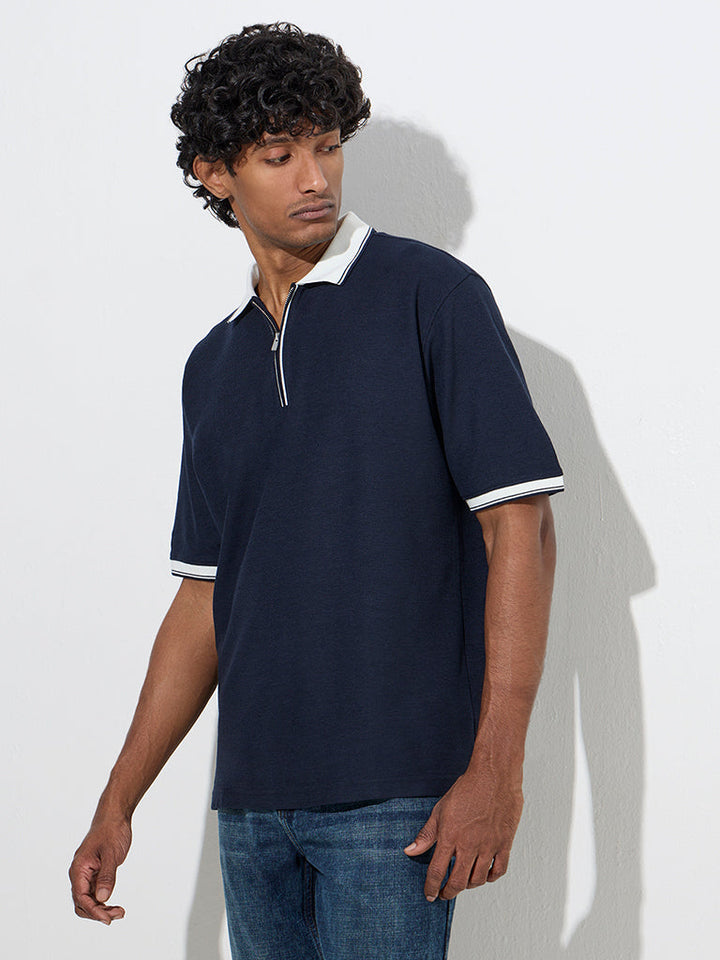 WES Casuals Navy Quarter Zip Polo T-Shirt
