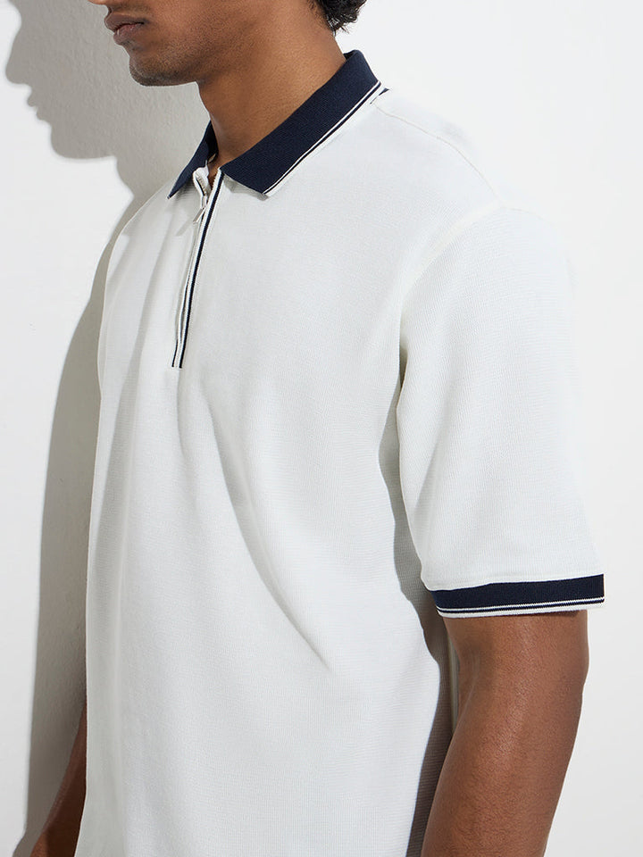 WES Casuals White Quarter Zip Polo T-Shirt