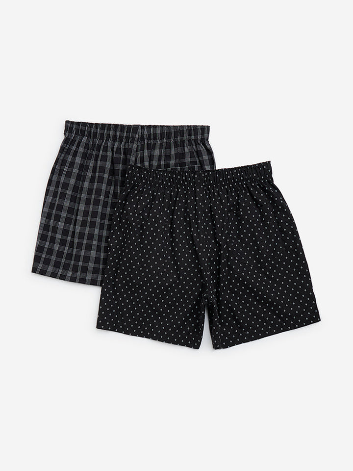 WES Lounge Black Relaxed-Fit Cotton Boxers - Pack of 2