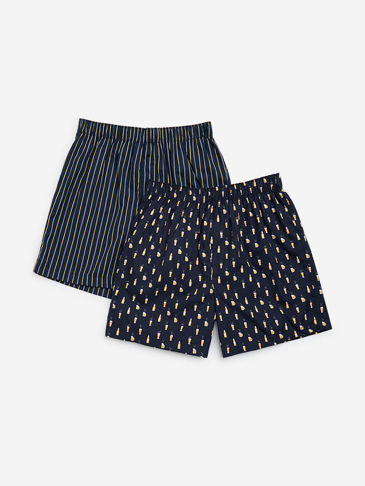 WES Lounge Navy Relaxed-Fit Cotton Boxers - Pack of 2