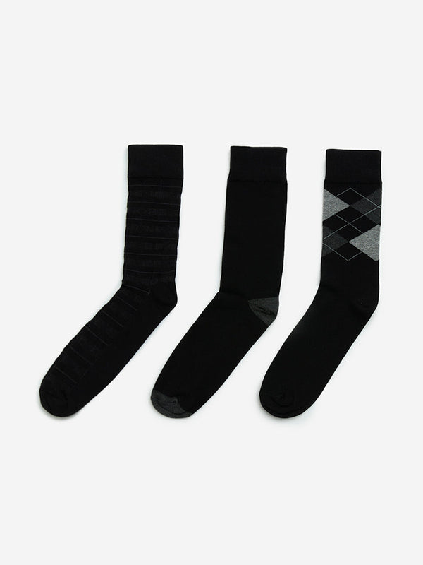 WES Lounge Black Printed Cotton-Blend Socks - Pack of 3
