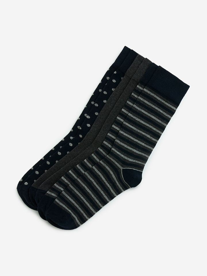 WES Lounge Navy Printed Cotton-Blend Socks - Pack of 3