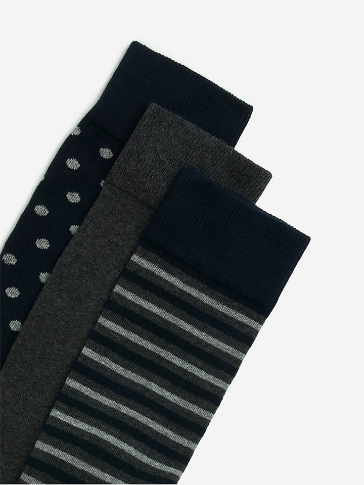 WES Lounge Navy Printed Cotton-Blend Socks - Pack of 3