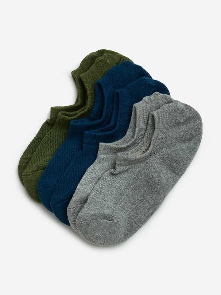 WES Lounge Olive Cotton-Blend No-Show Socks- Pack of 3