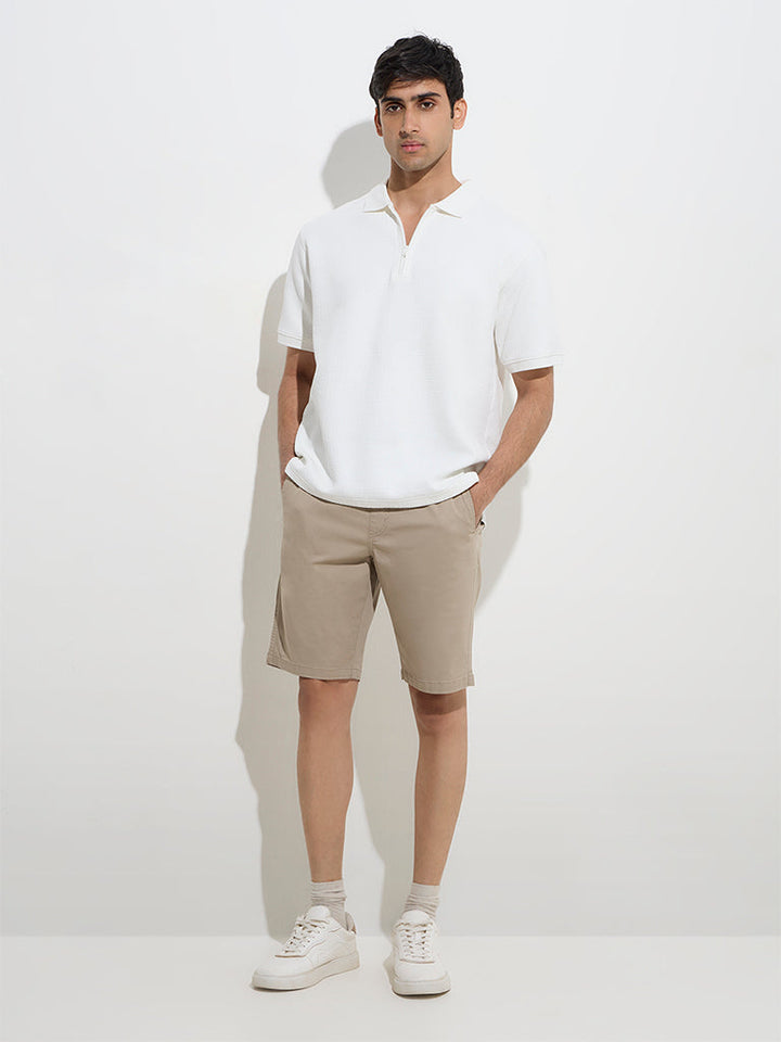WES Casuals Beige Relaxed-Fit Mid-Rise Cotton-Blend Shorts