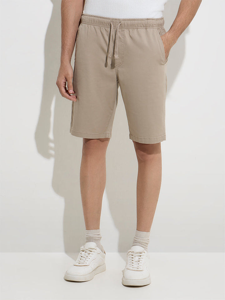 WES Casuals Beige Relaxed-Fit Mid-Rise Cotton-Blend Shorts