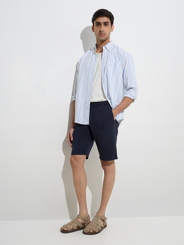 WES Casuals Navy Relaxed-Fit Mid-Rise Cotton-Blend Shorts