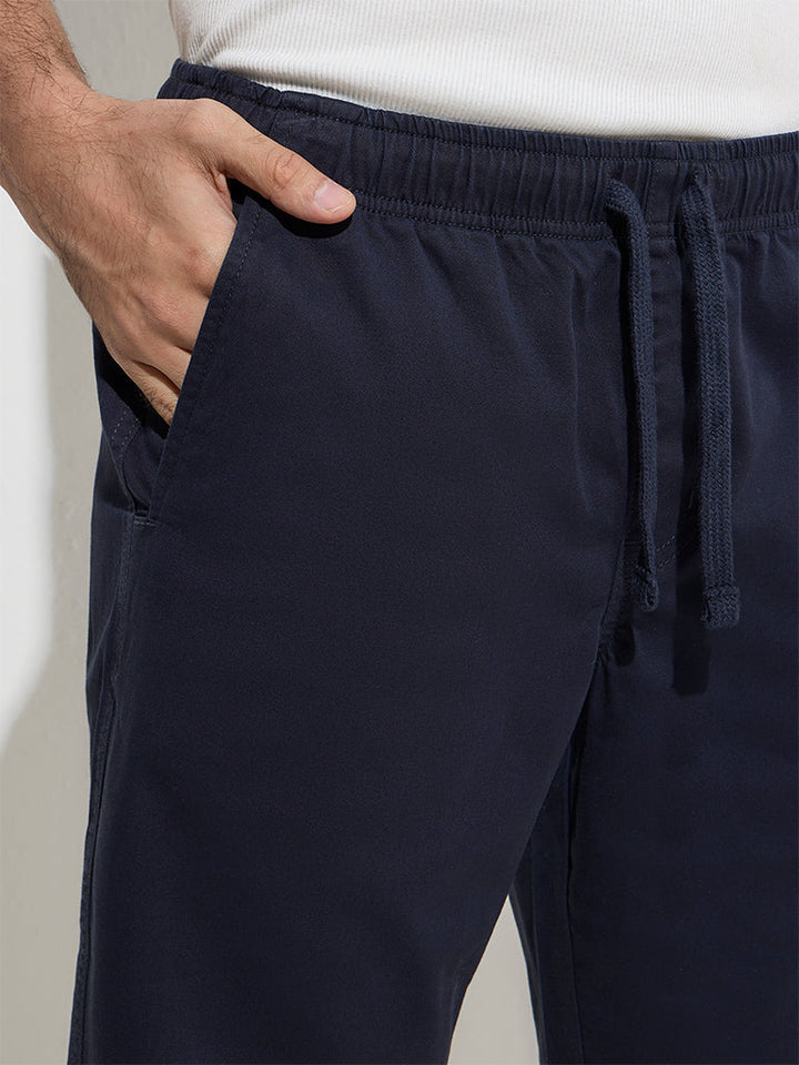 WES Casuals Navy Relaxed-Fit Mid-Rise Cotton-Blend Shorts