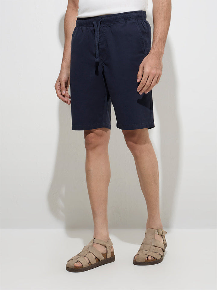 WES Casuals Navy Relaxed-Fit Mid-Rise Cotton-Blend Shorts