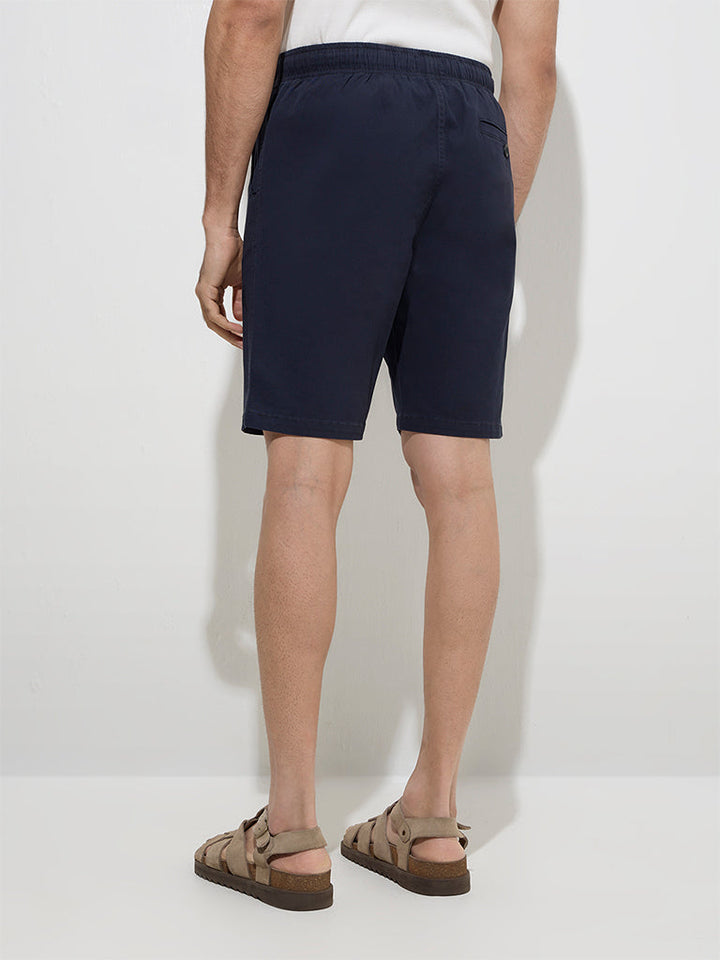 WES Casuals Navy Relaxed-Fit Mid-Rise Cotton-Blend Shorts