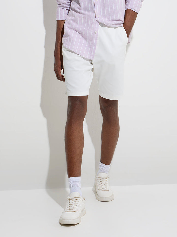 WES Casuals White Relaxed-Fit Mid-Rise Cotton-Blend Shorts