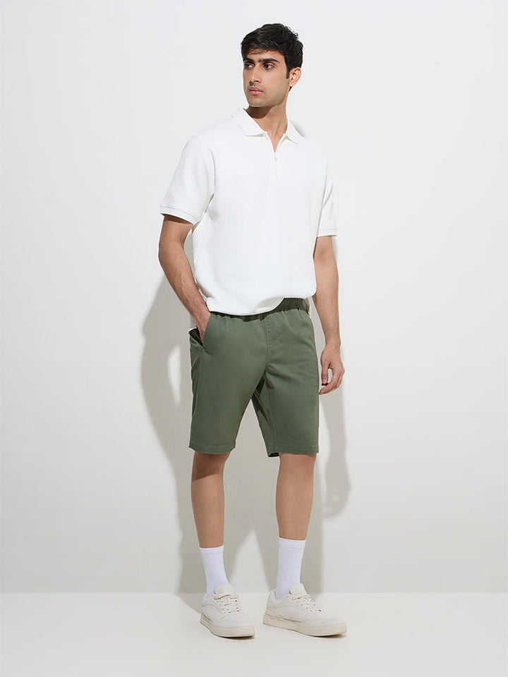 WES Casuals Olive Relaxed-Fit Mid-Rise Cotton-Blend Shorts