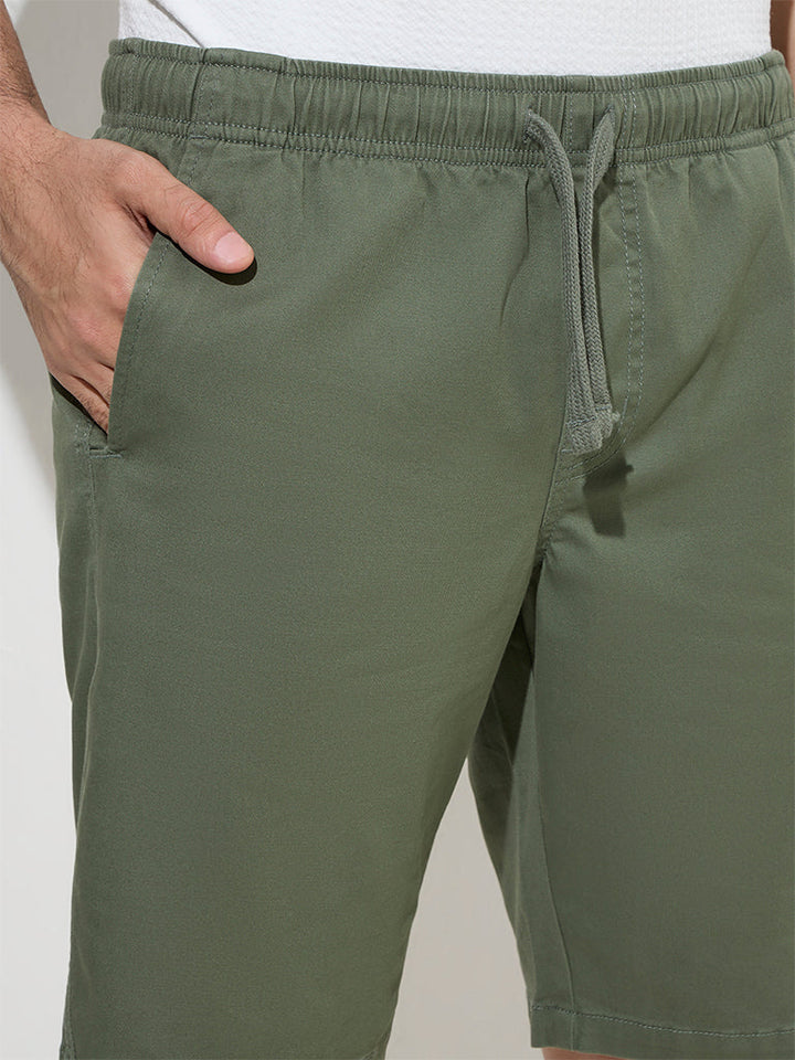 WES Casuals Olive Relaxed-Fit Mid-Rise Cotton-Blend Shorts