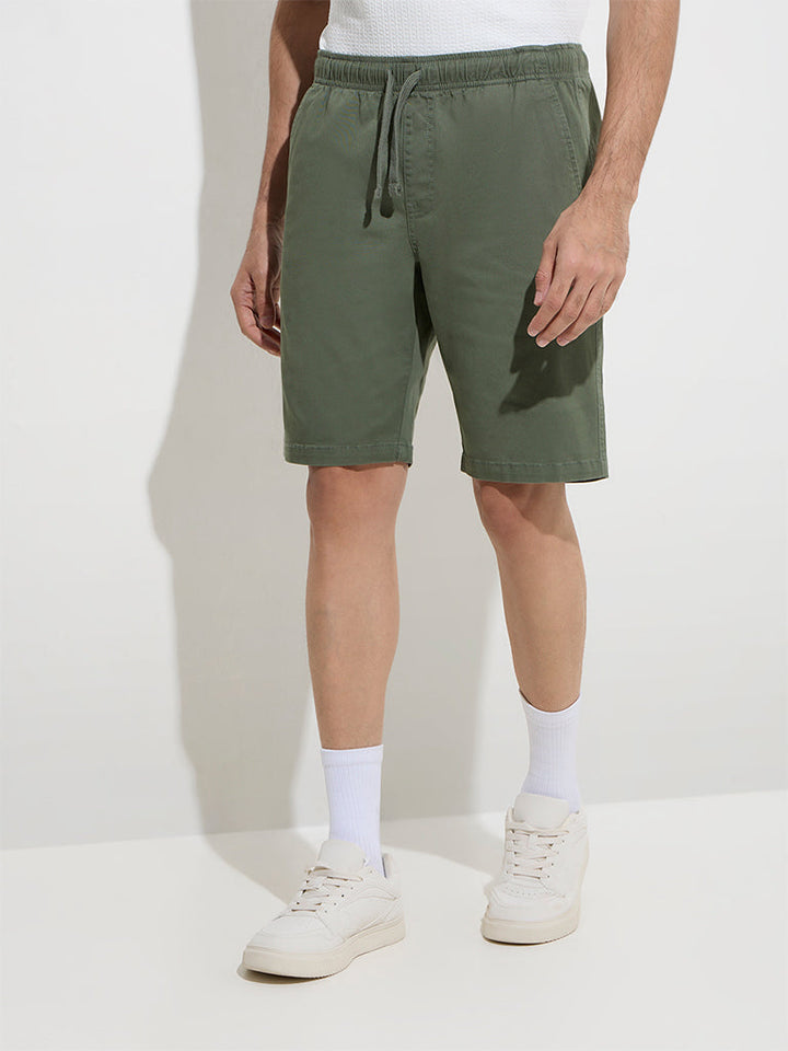 WES Casuals Olive Relaxed-Fit Mid-Rise Cotton-Blend Shorts