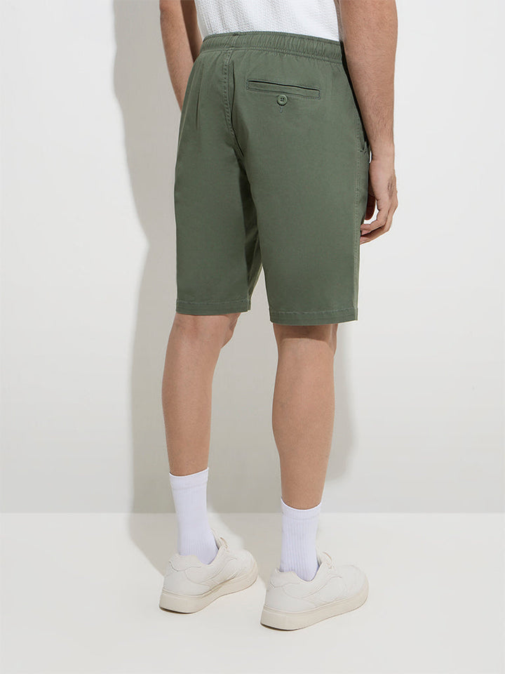 WES Casuals Olive Relaxed-Fit Mid-Rise Cotton-Blend Shorts