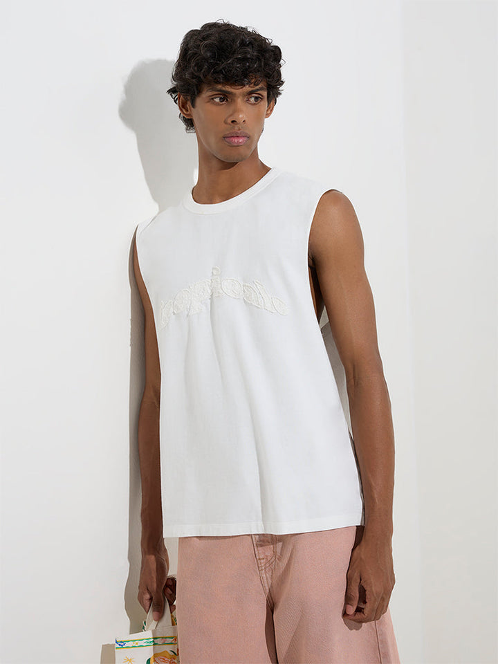 Nuon White Text Printed Relaxed-Fit Cotton T-Shirt