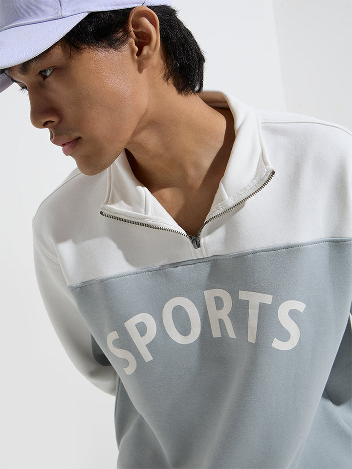 Studiofit Grey Text Pattern Quarter Zip Cotton-Blend Sweatshirt