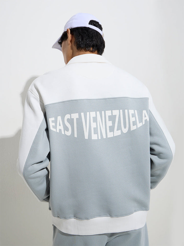 Studiofit Grey Text Pattern Quarter Zip Cotton-Blend Sweatshirt