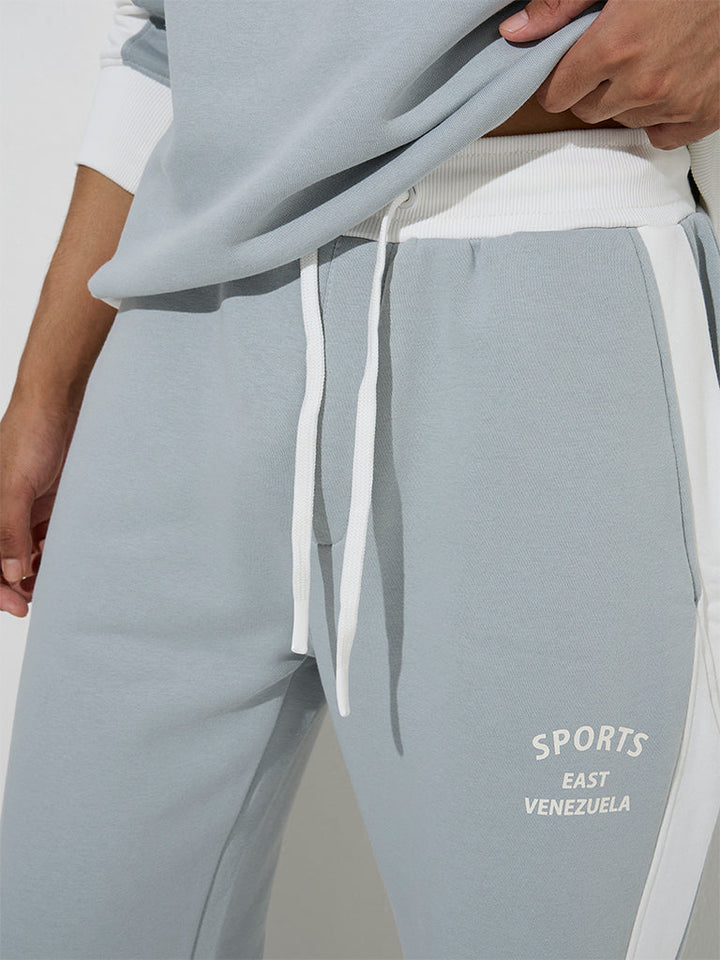 Studiofit Grey Text Pattern Relaxed-Fit Cotton-Blend Track Pants