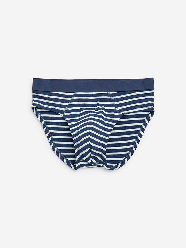 WES Lounge Navy Striped Cotton-Blend Briefs - Pack of 3