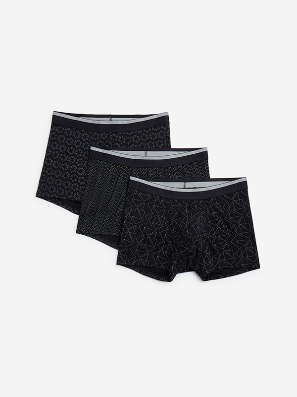 WES Lounge Black Printed Cotton Trunks- Pack of 3