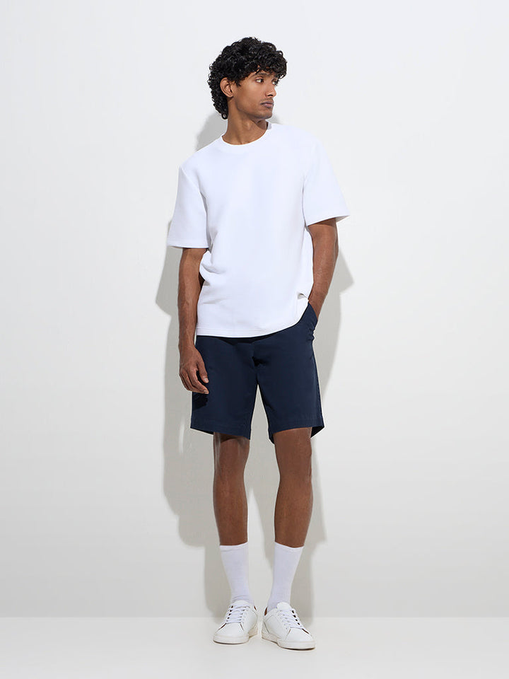WES Casuals Navy Relaxed-Fit Mid-Rise Cotton-Blend Shorts