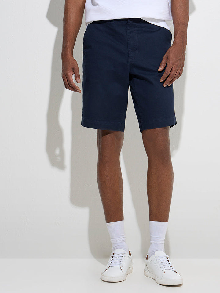 WES Casuals Navy Relaxed-Fit Mid-Rise Cotton-Blend Shorts