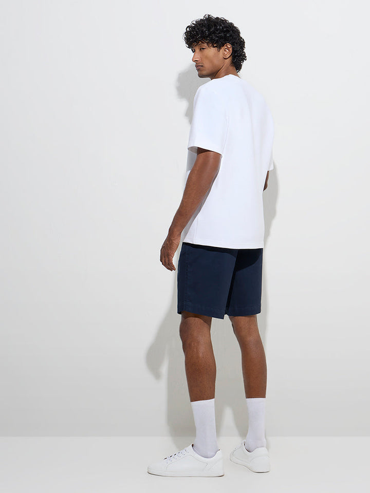 WES Casuals Navy Relaxed-Fit Mid-Rise Cotton-Blend Shorts